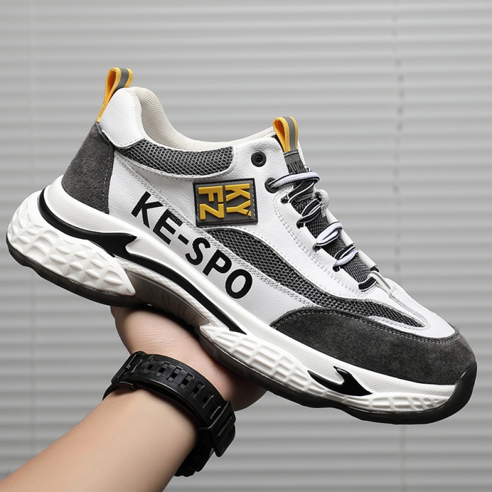 Men's Leather Fashion Casual Trendy Shoes Autumn Thick Soles Increased Breathable Mesh Sports Shoes